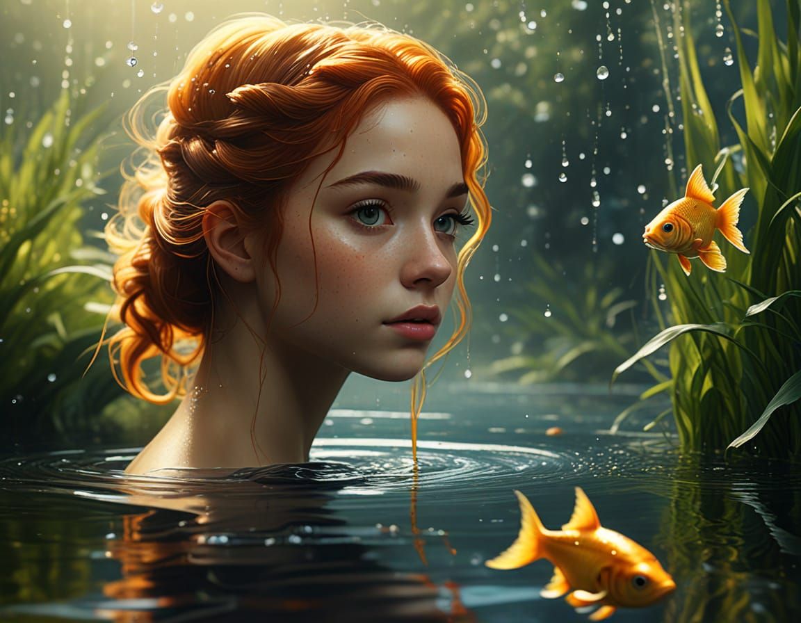 Water Fairy Converses with Majestic Gold Fish in Hyper-Reali...
