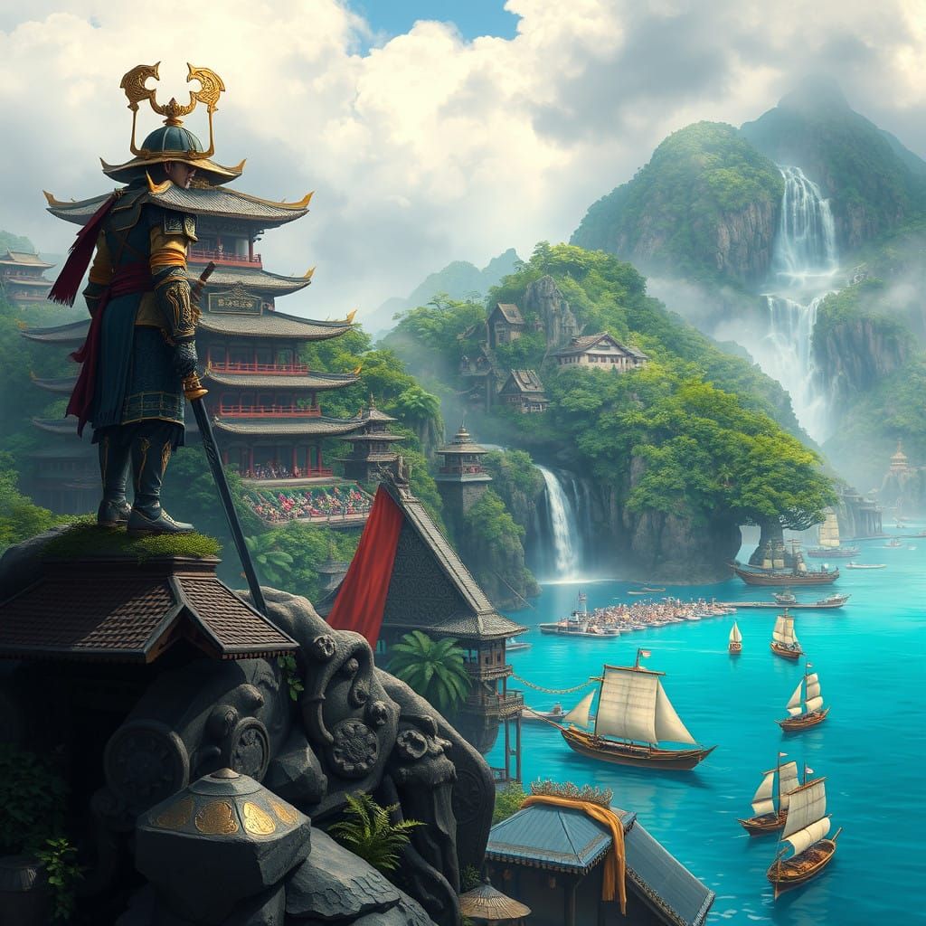 Majestic Yokudan Warrior Overlooks Bustling Port City