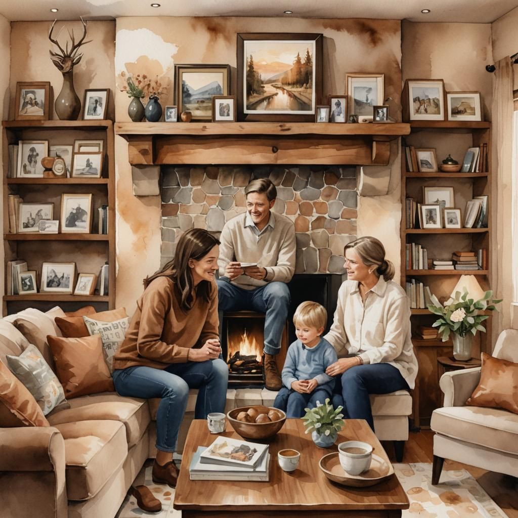 Cozy Family Living Room as Watercolor Painting