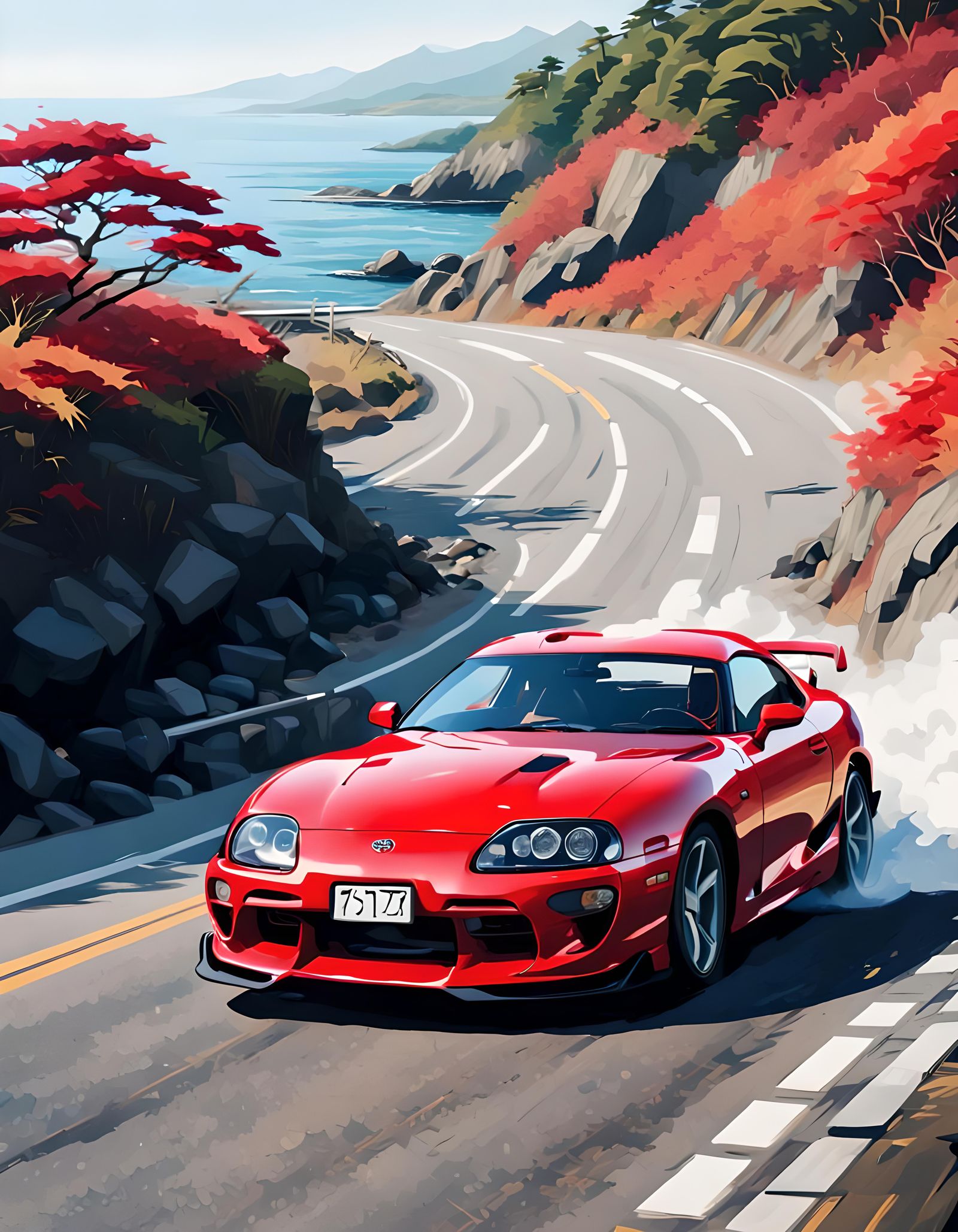 Red Toyota Supra Escapes Police: Abstract Art