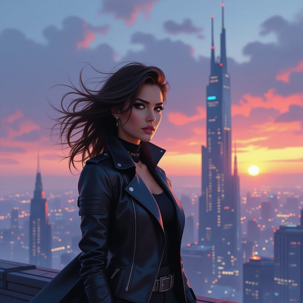 Cyberpunk Woman on Megastructure at Dawn
