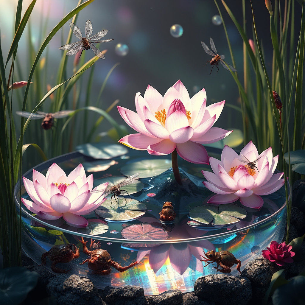 Miniature Pond Ecosystem in Iridescent Potion