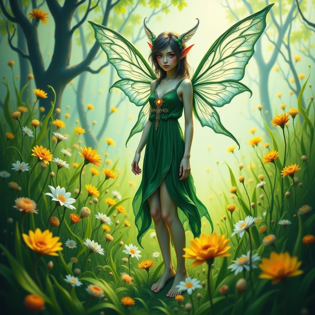 Fairy Elf Barefoot in Lush Green Grass