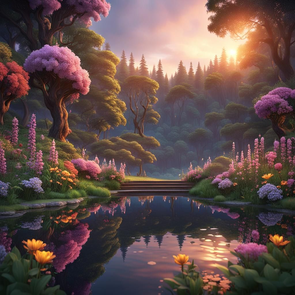 Fantasy Forest Lake Sunset in Detailed Matte Painting