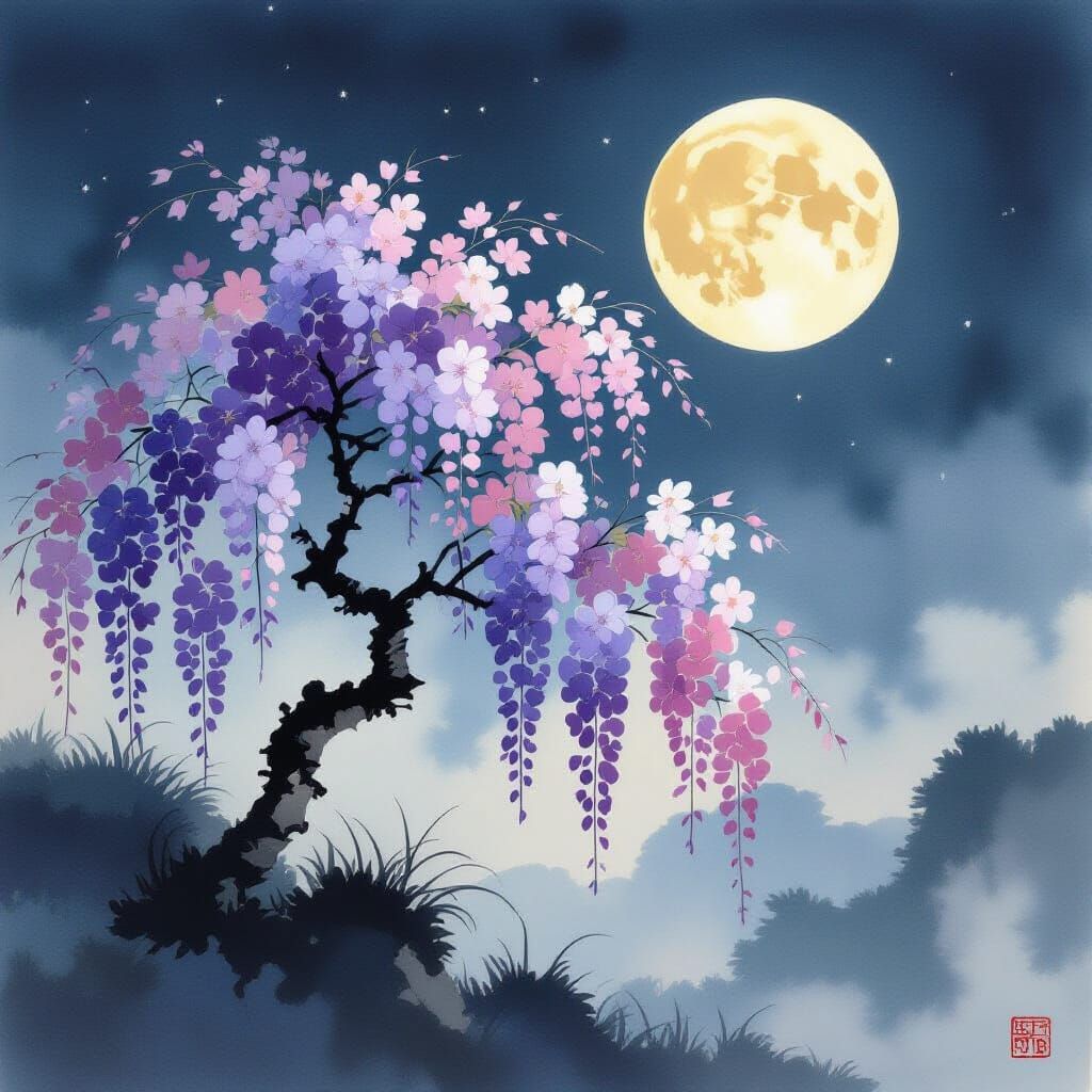 Sumi-e Wisteria Tree Under Autumn Moon