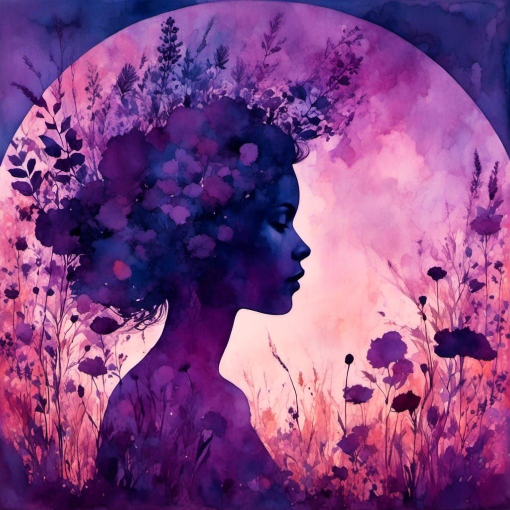 Surreal Double Exposure of Girl and Summer Meadow