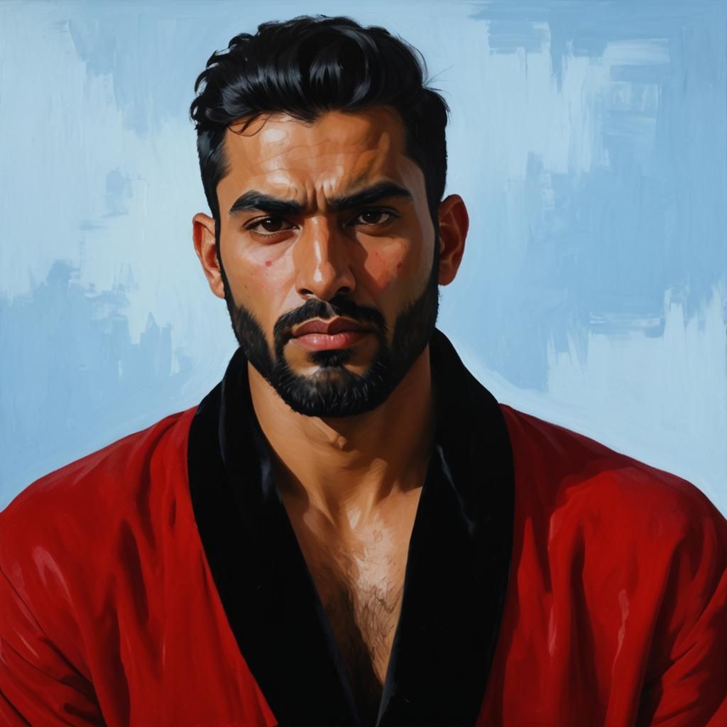 Pakistani Man in Red Bathrobe, Neo-Impressionist Oil Paintin...