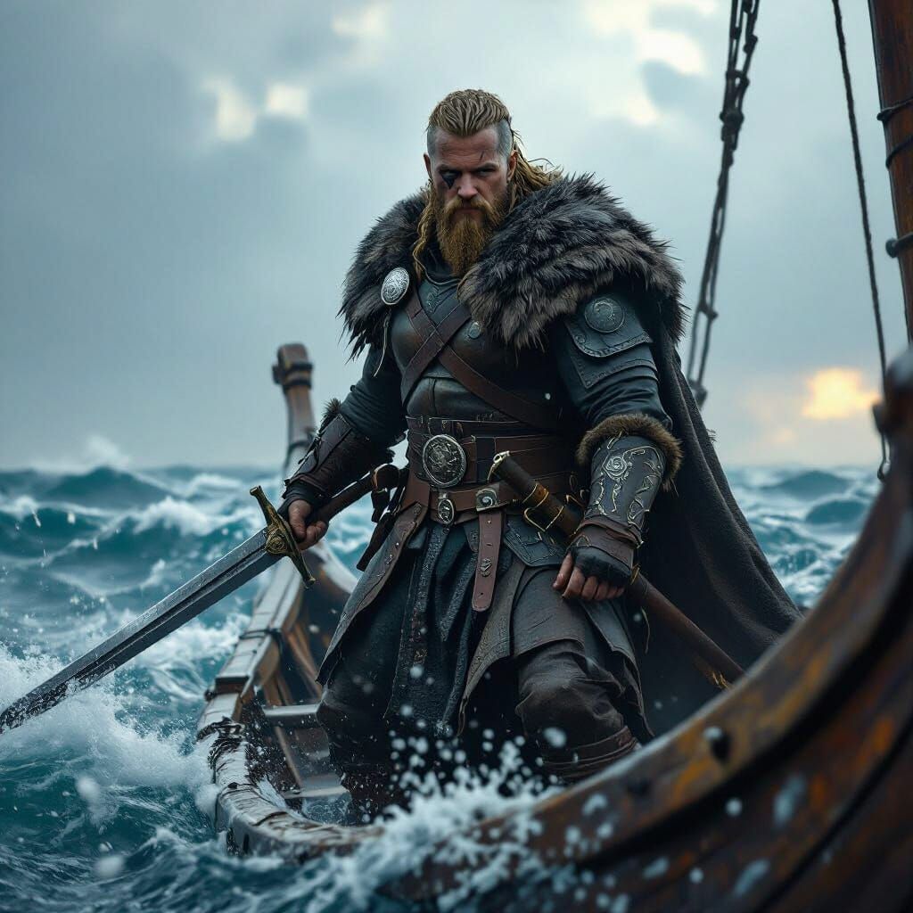 Viking Warrior on Longship in Stormy Sea