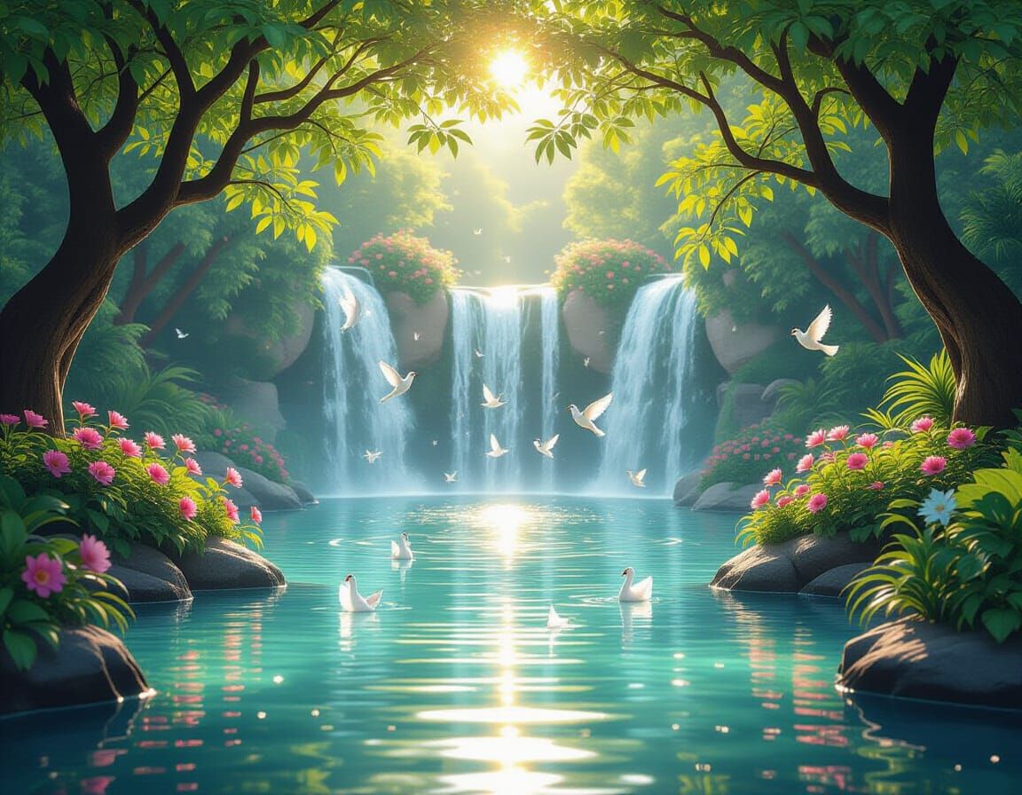 Lush Paradise Garden with Floating Pool, Cinematic Photograp...