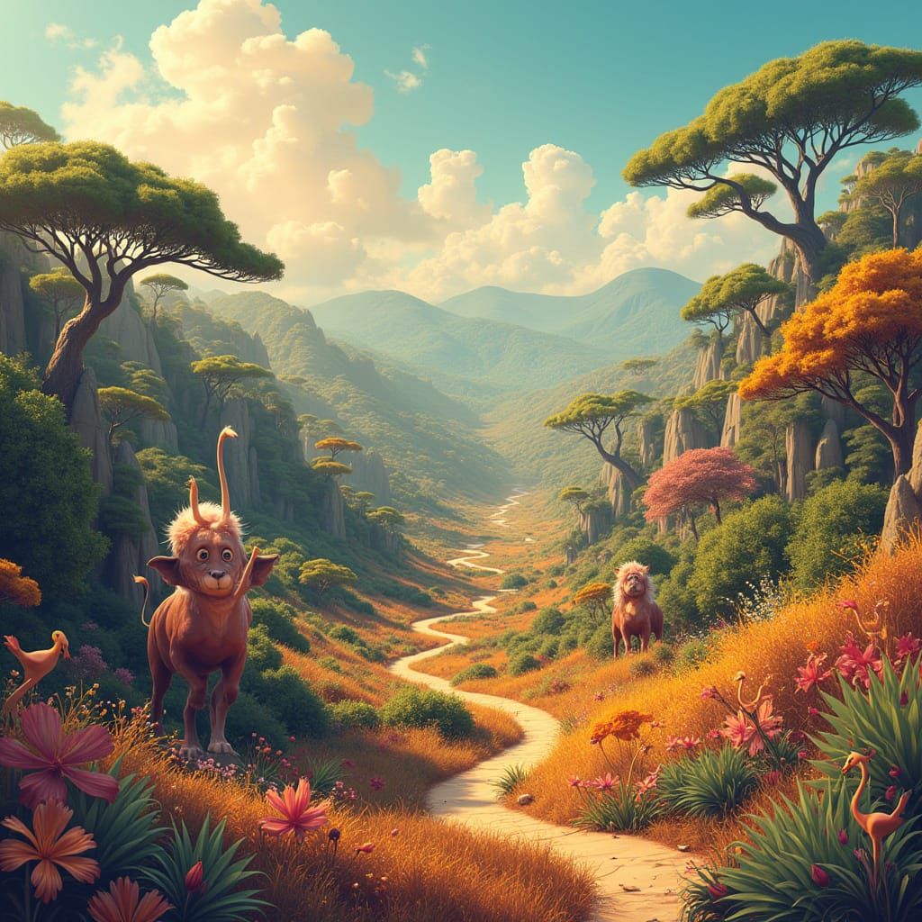 Dreamlike Zoo Landscape with Exotic Animals