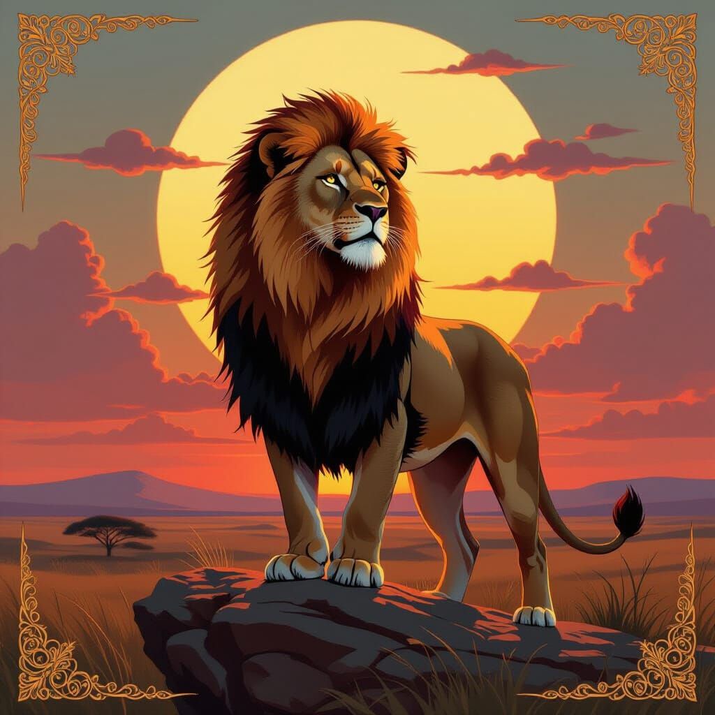 Golden-Maned Lioness Overlooking Savanna, Art Nouveau Style