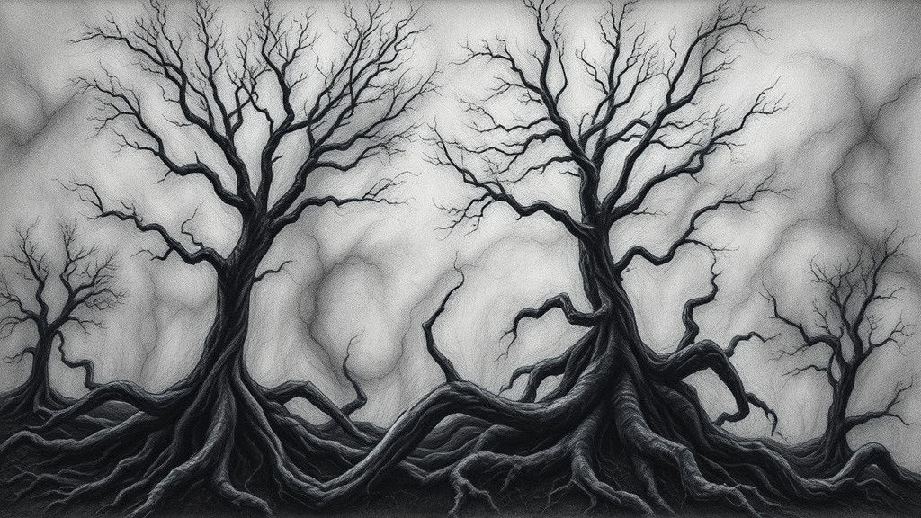 Ethereal Charcoal Landscape Drawing in Moody Style