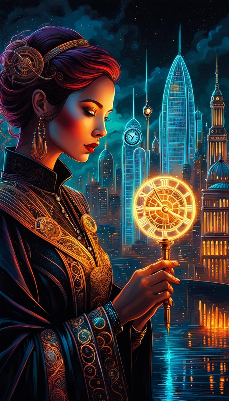 Steampunk Tarot Card: Fairy Godmother's Neon London