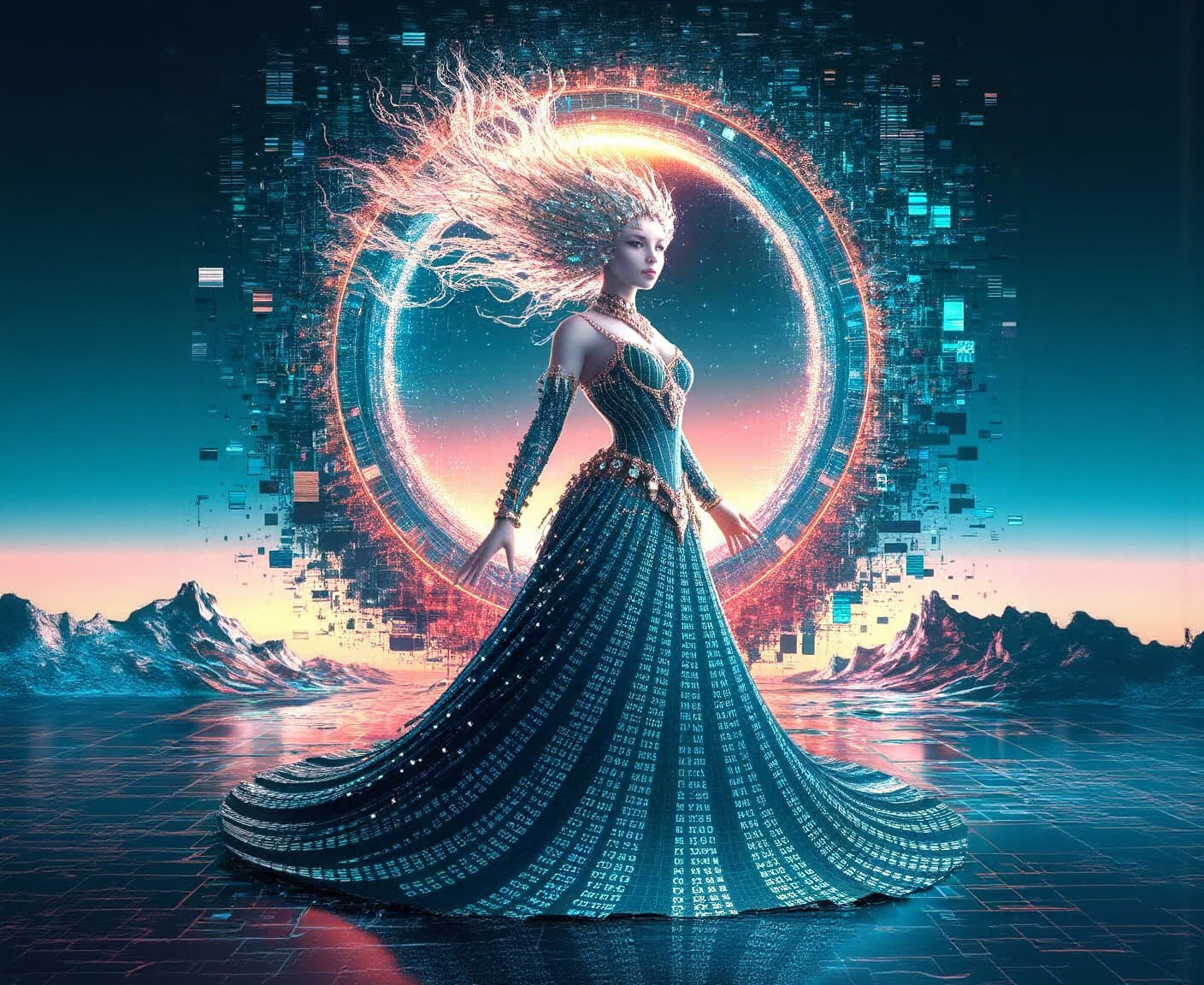 Digital Enchantress in Binary Gown Before Glitched Portal
