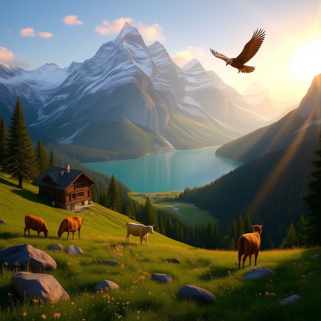 Swiss Alps Sunrise: Golden Peaks and Alpine Meadows
