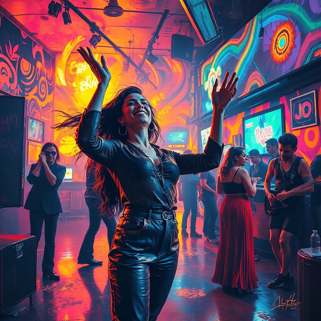 Woman Dancing to Funk Music in Neon Club