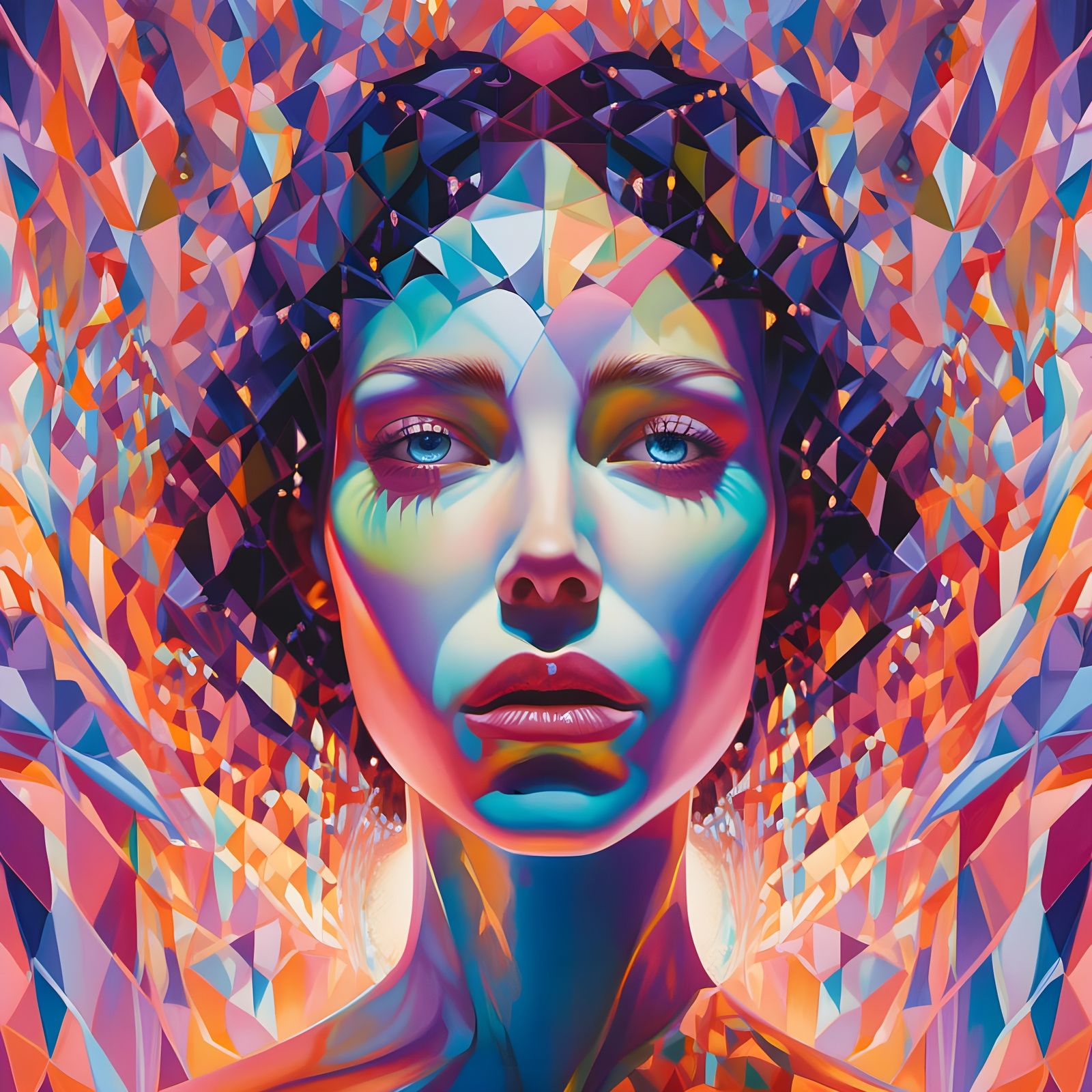 Multidimensional Woman Surrounded by Crystalline Reflections