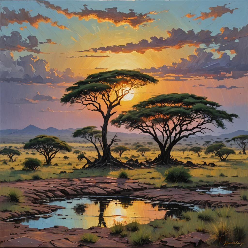 Serengeti Sunset: An Impasto Oil Painting