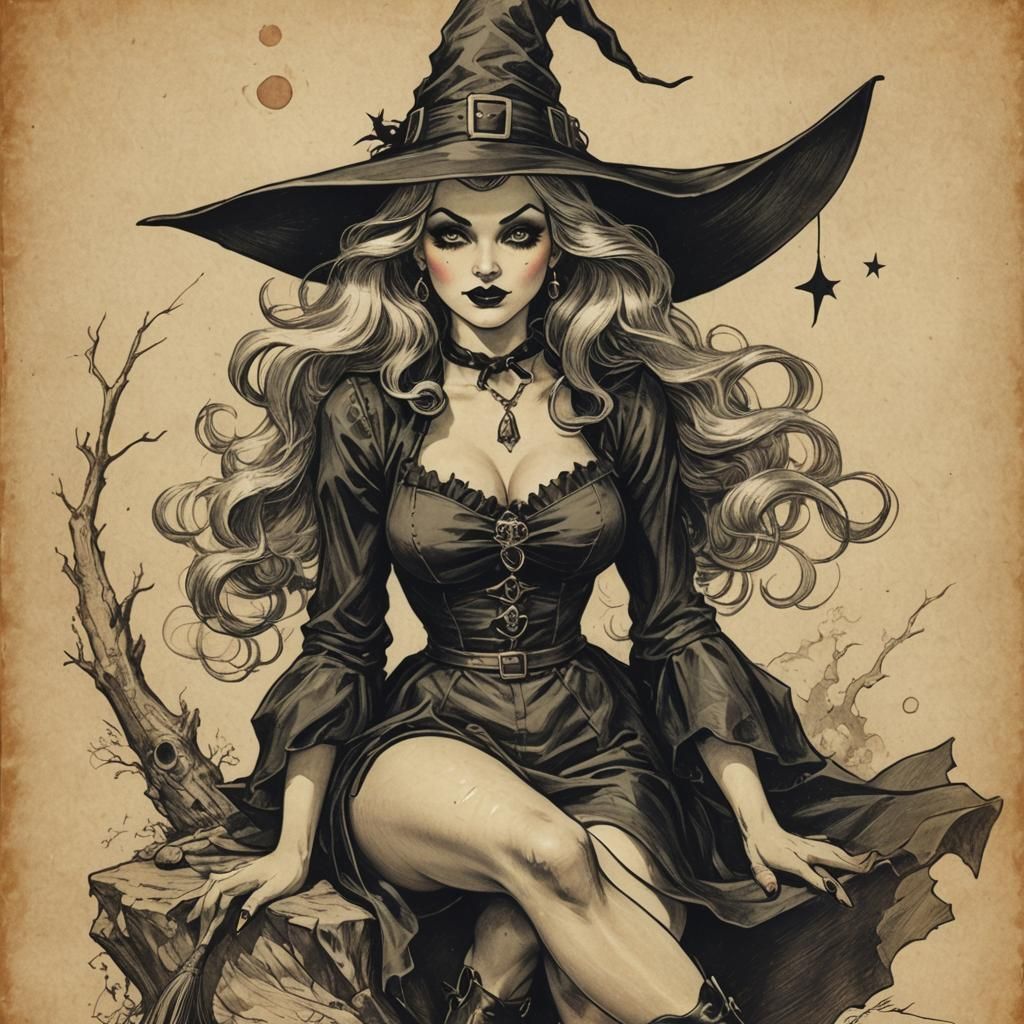 Vintage Pin-Up Witch Illustration