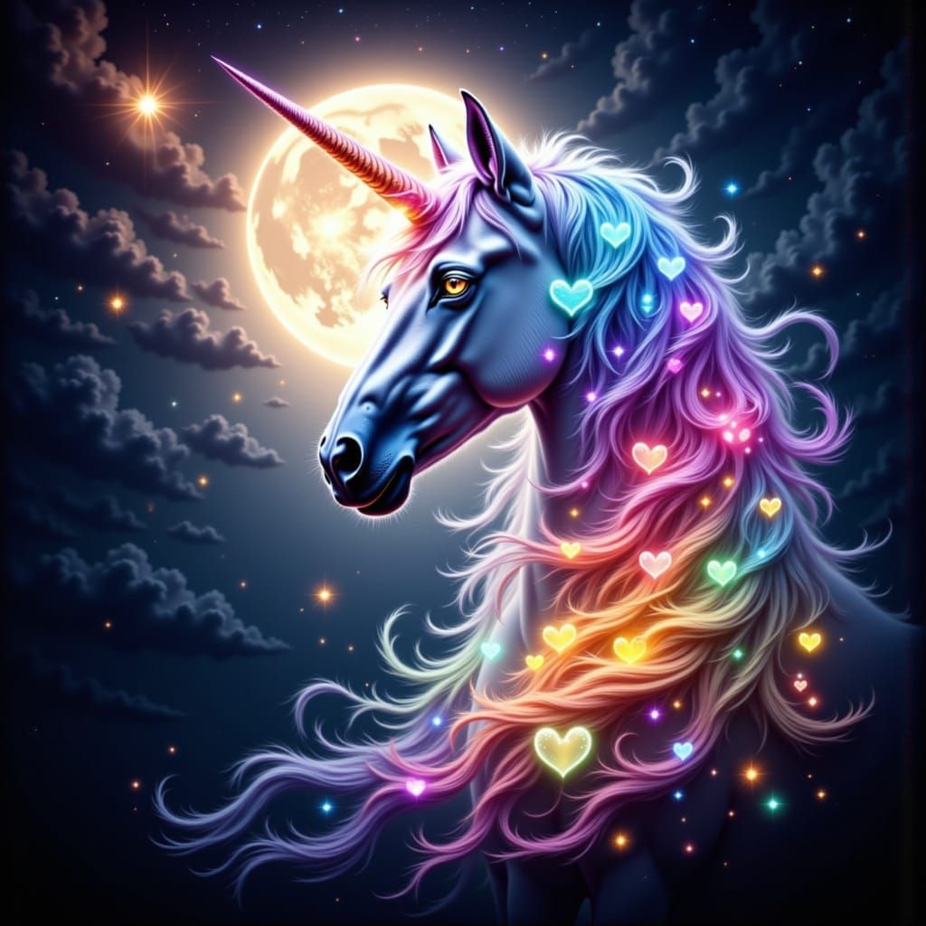 Magical Unicorn Double Exposure with Rainbow Hearts