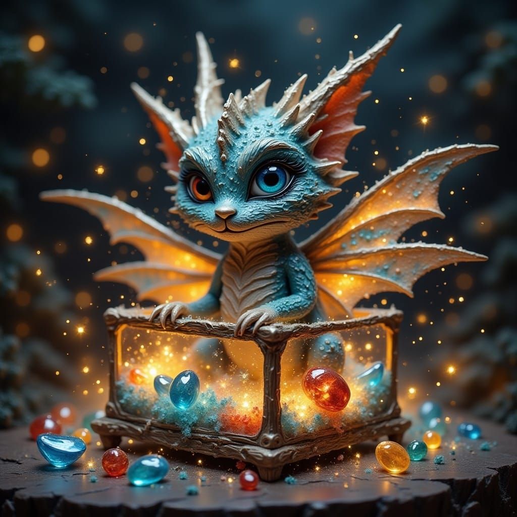 Miniature Dragon in Jewelry Box with Glowing Jewels