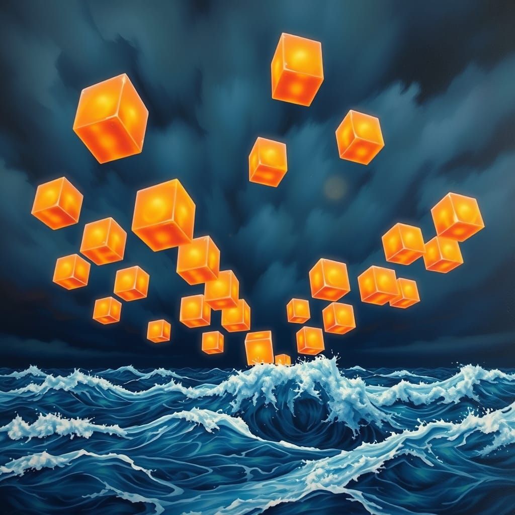 Surrealist Masterpiece: Vibrant Dreamworld with Glowing Cube...