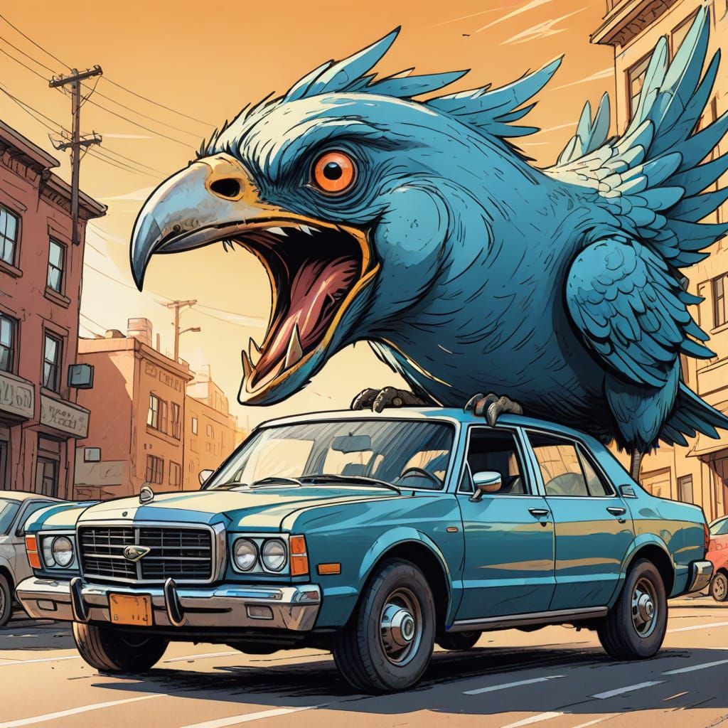 Cartoon Bird Bites Car in Pencil Sketch Style