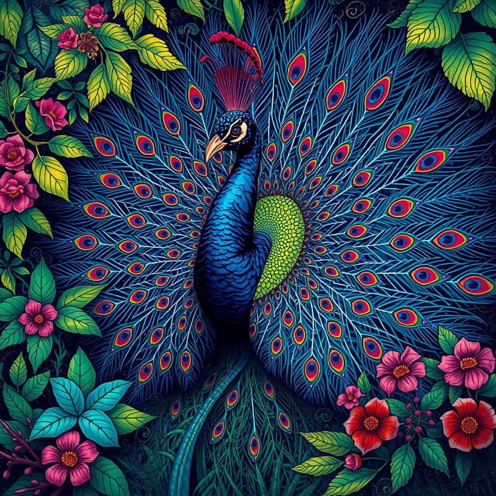 Luminous Peacock Majesty in Vibrant Textile-Inspired Art