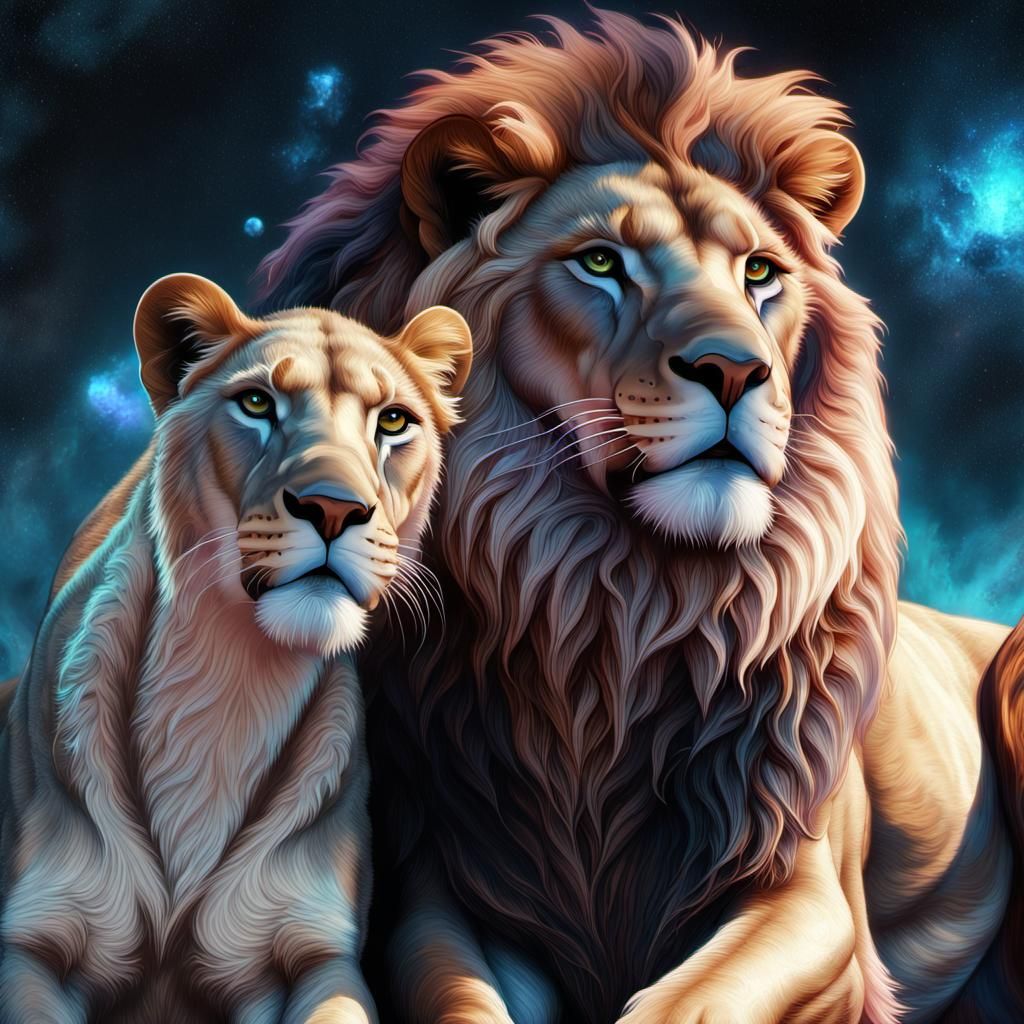 Bioluminescent fantasy lion and lioness in the mysterious love space, galaxy, romance, detailed matte painting, deep co...