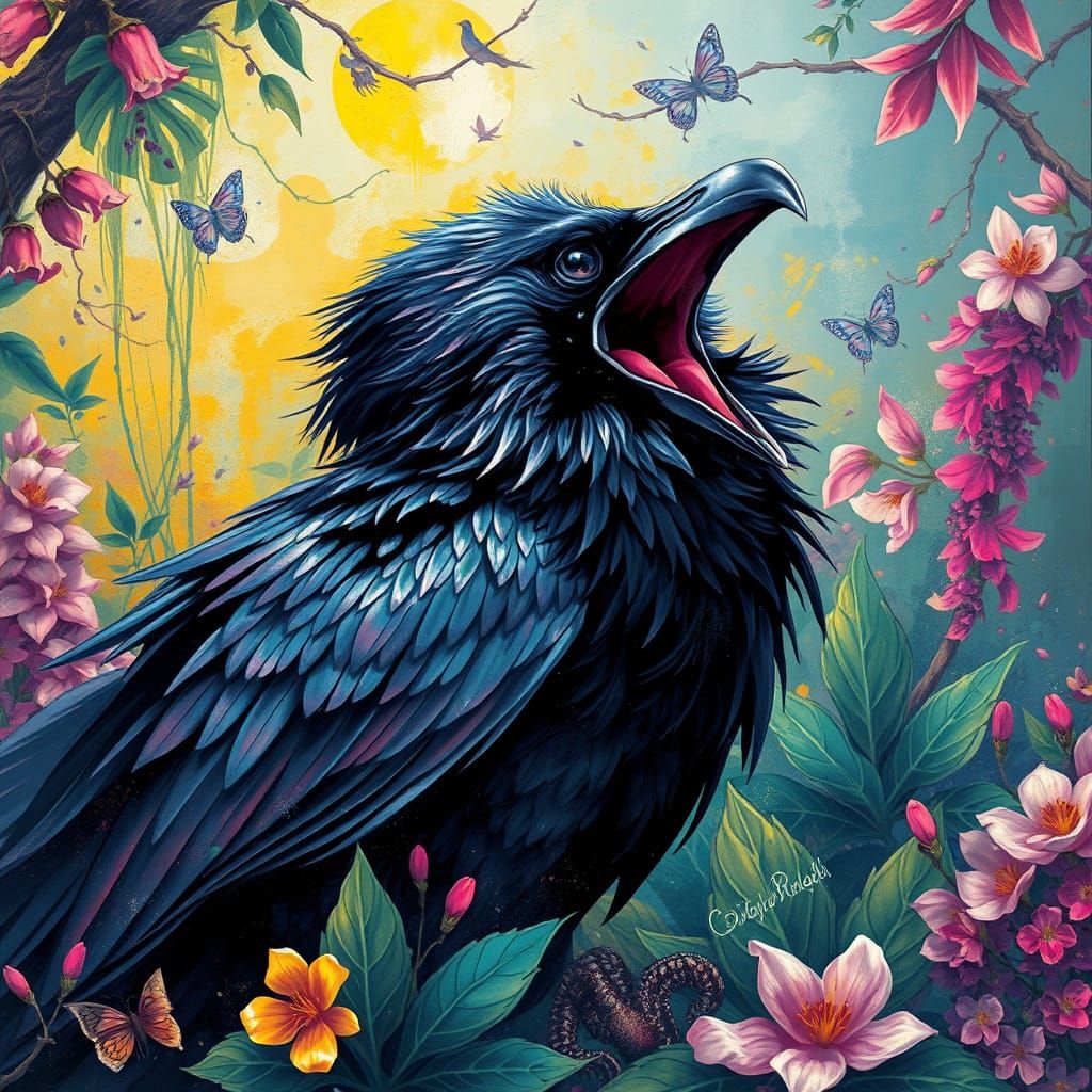 Majestic Raven Goddess in Vibrant Enchanted Spring Scene