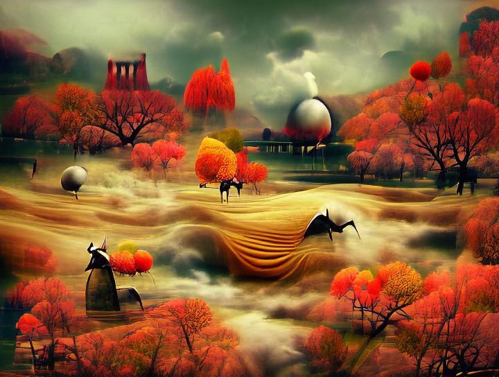 Mysterious Surreal Autumn Landscape in Retro Style