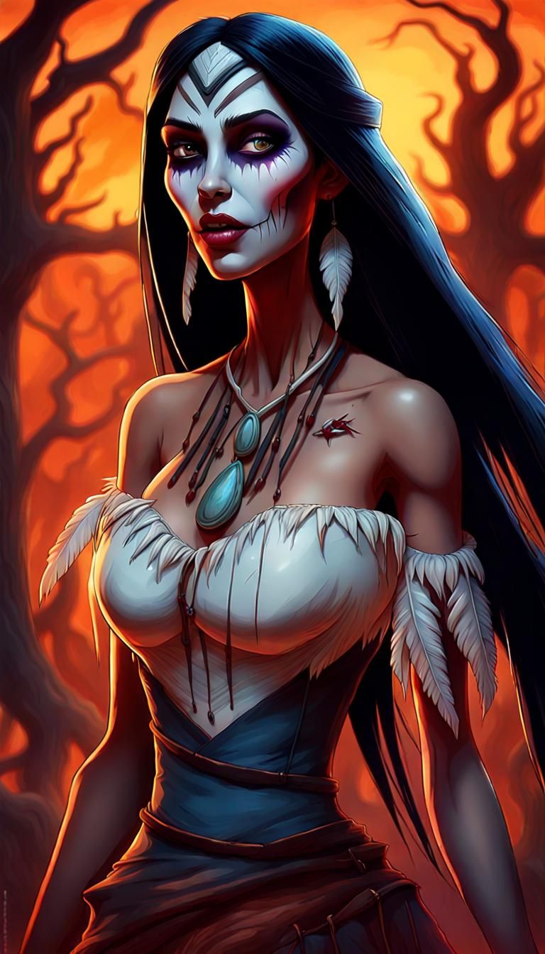 Zombie Pocahontas in Burning Village, Cel-Shaded Style