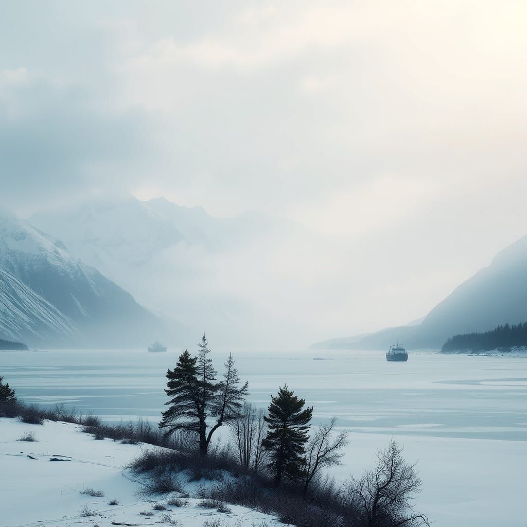 Icy Landscape with Snow-Capped Mountains
