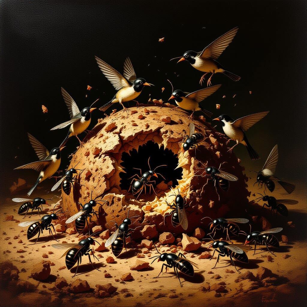 Birds Attack Queen Ant in Chaotic Scene