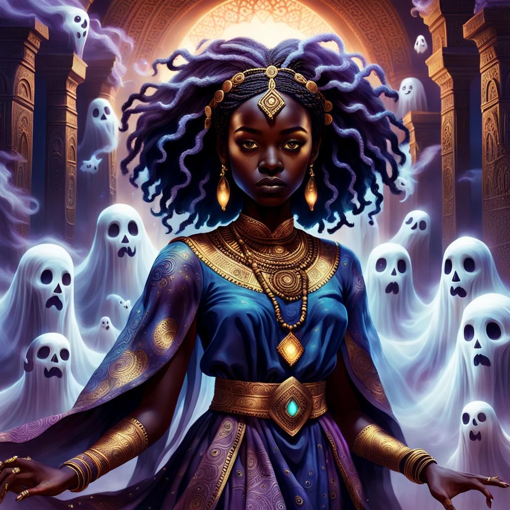 Mystical African Girl Surrounded by Ancestral Ghosts