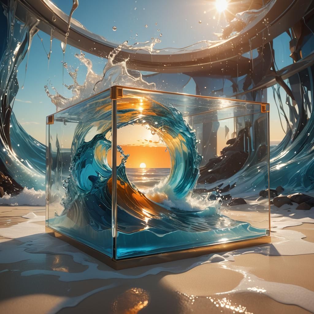 Beach Wave in Glass Box, Futuristic Concept Art
