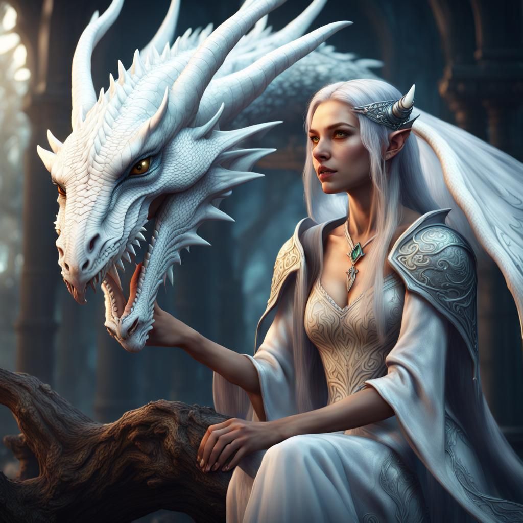 Elven Sorceress and White Dragon Fantasy Art