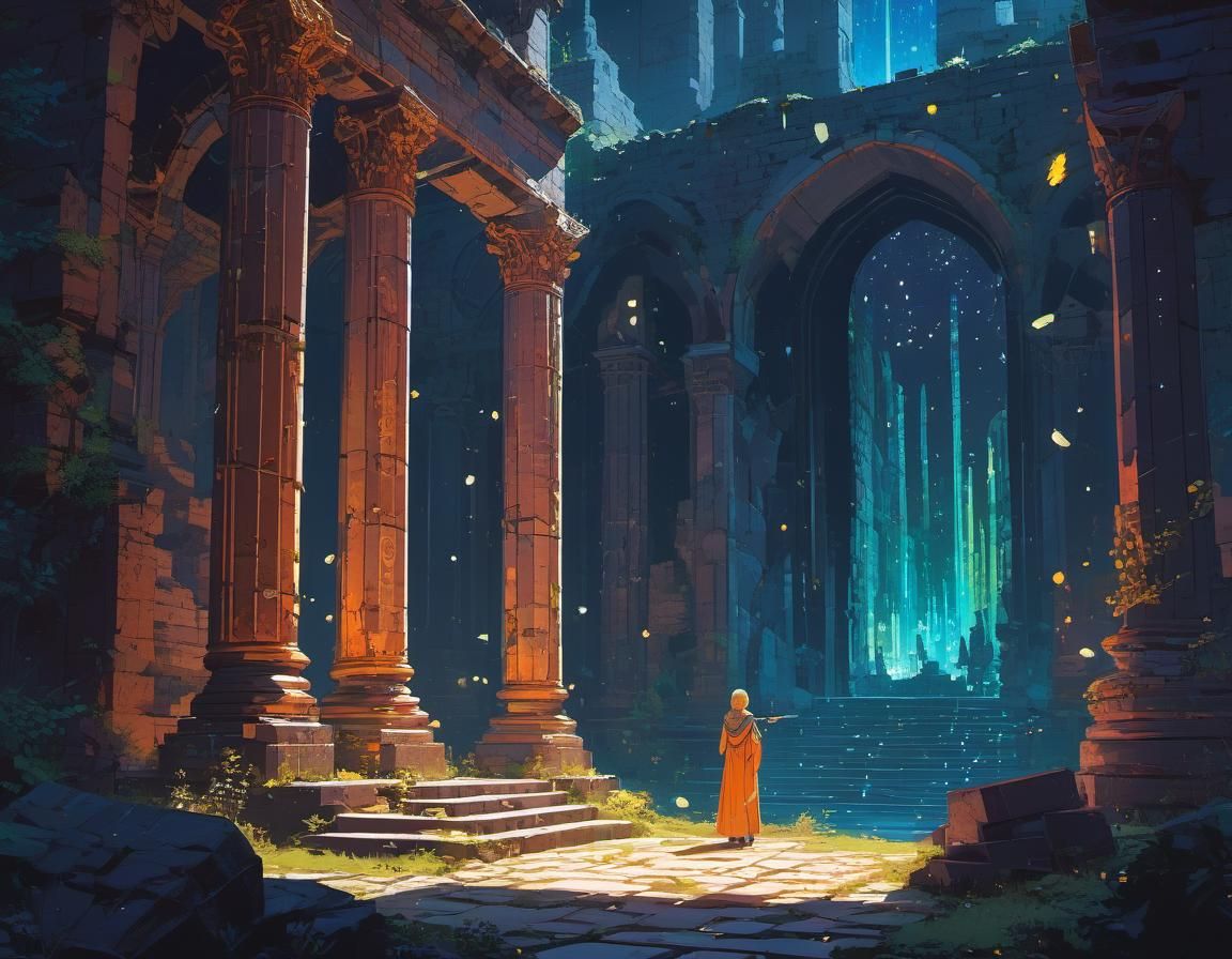 Magical Dungeon Ruins at Starry Night in Anime Style