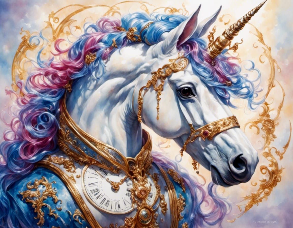 Majestic Unicorn Creature Holding a Clock
