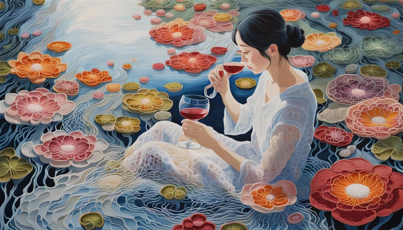 Lace Flower Room with Wine, Gouache Painting