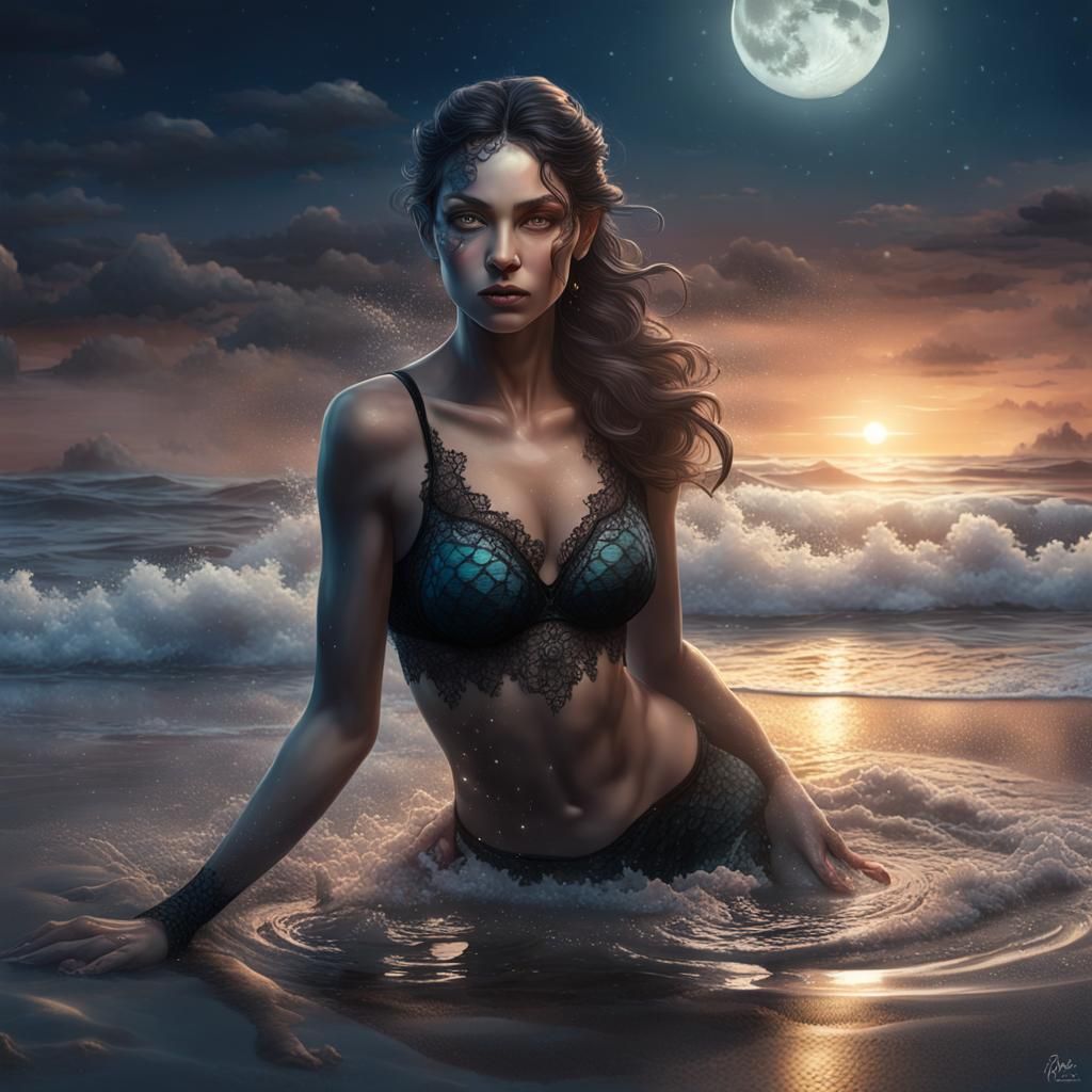 Moonlit Beach Portrait of Woman in Ethereal Style