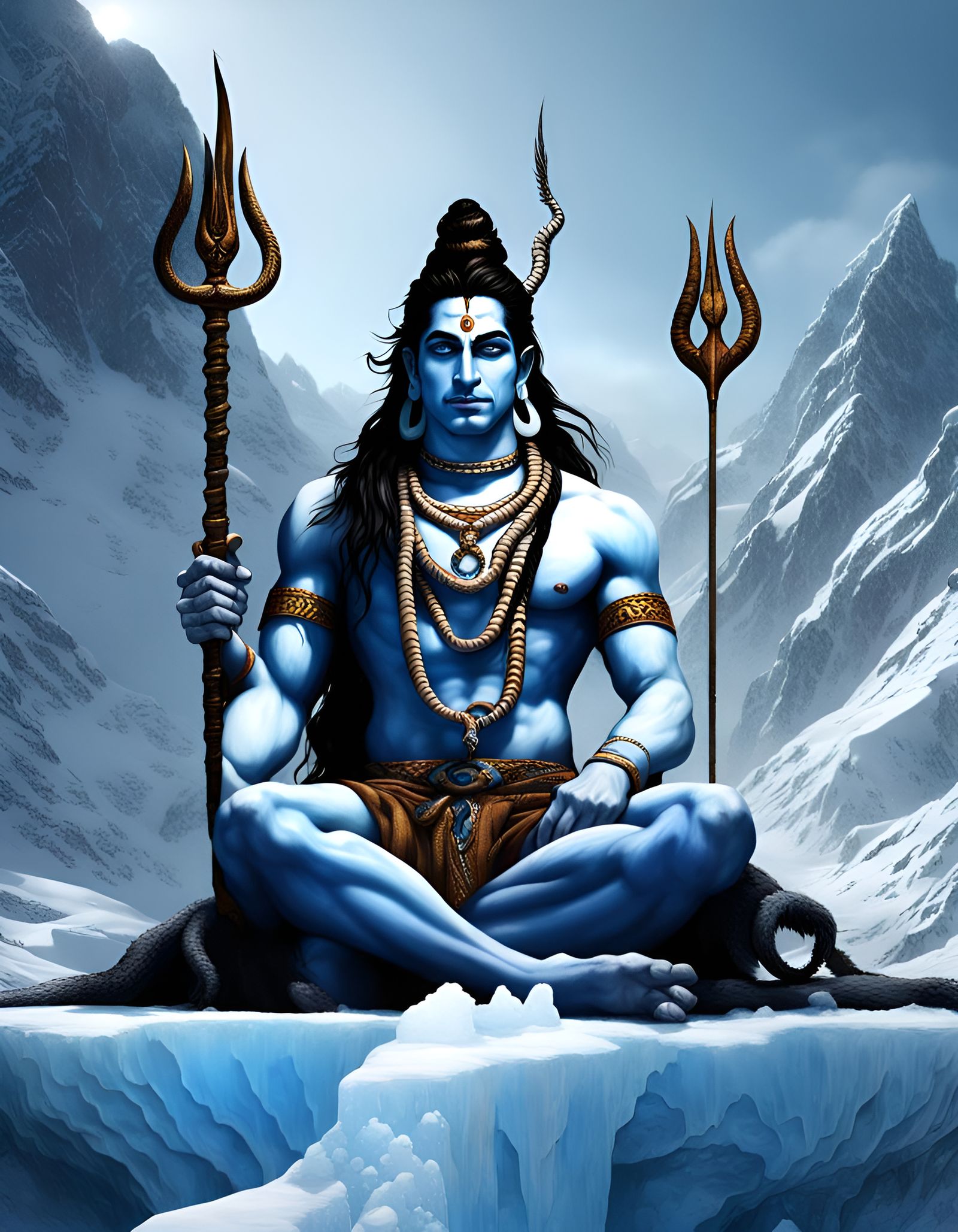Lord Shiva with Third Eye Open in Ice Mountain