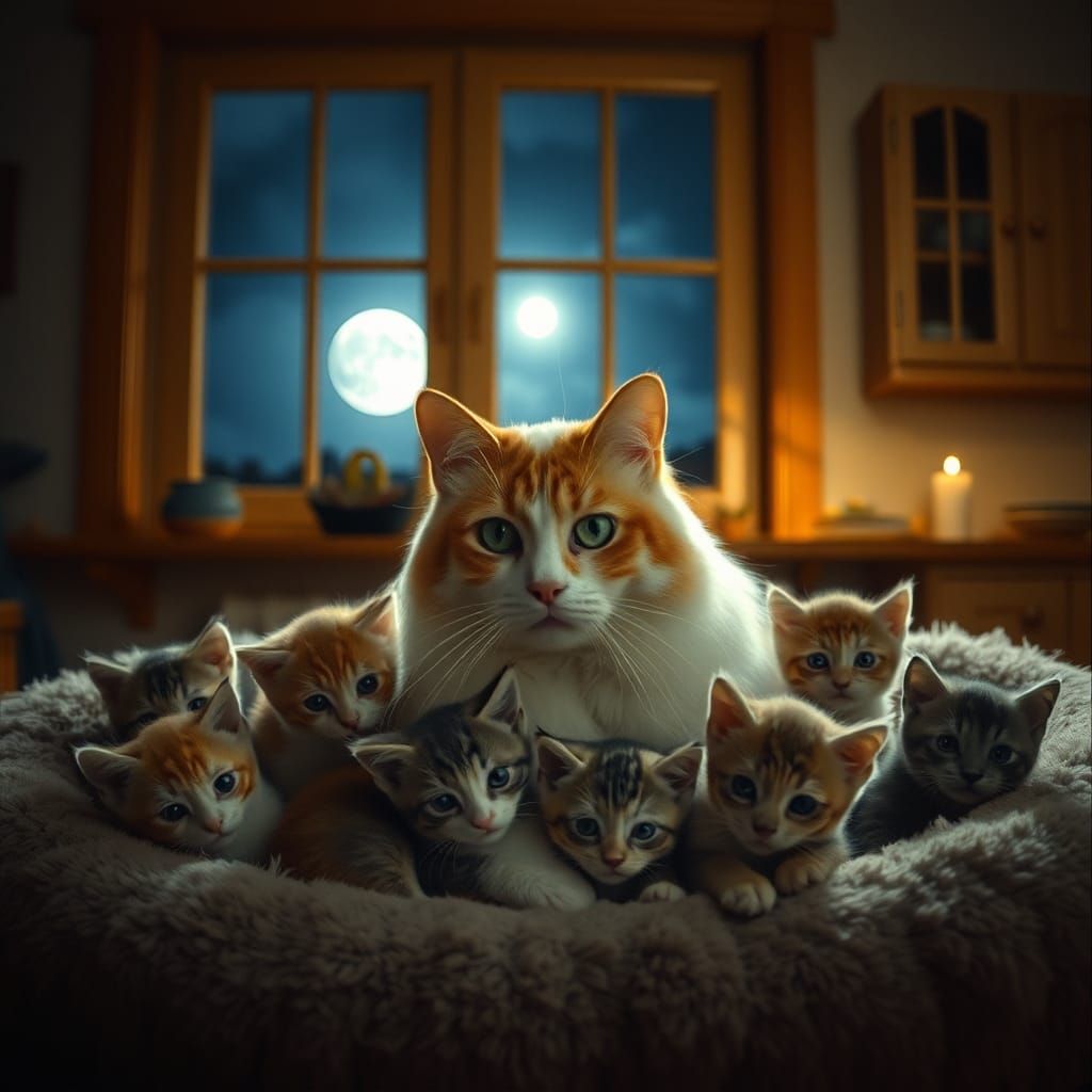 Cat and Kittens in Moonlit Kitchen: Cinematic Still