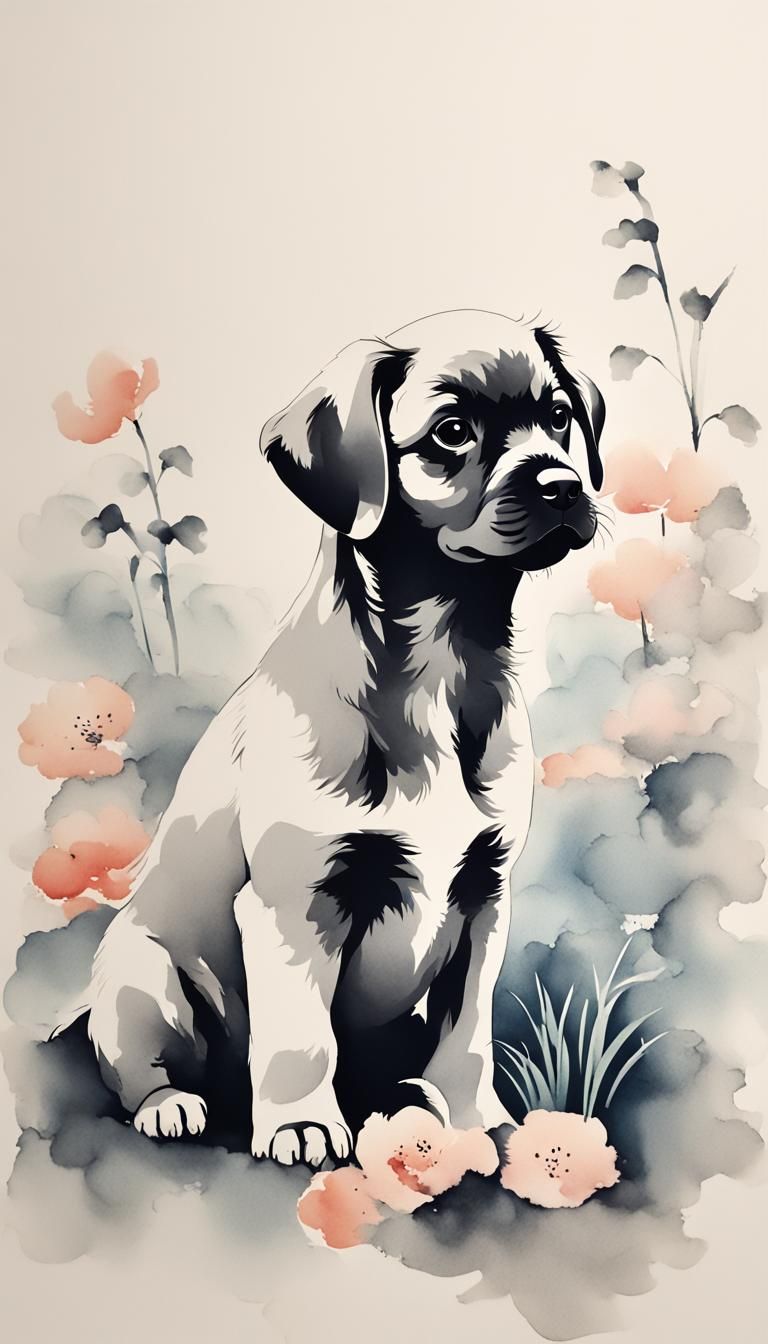Minimalist Chinese Ink Painting of a Tiny Puppy