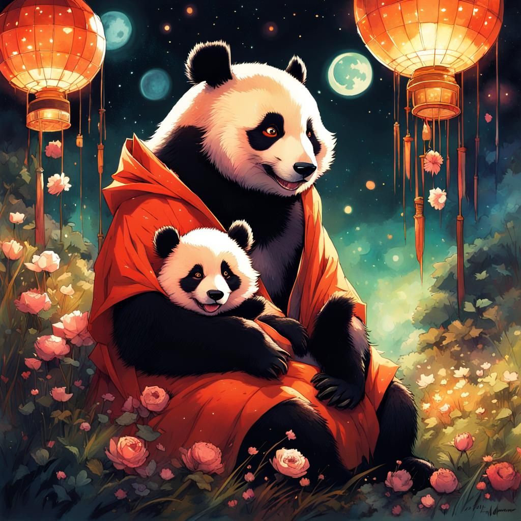 Anthropomorphic Panda and Fox Couple in Spring Night