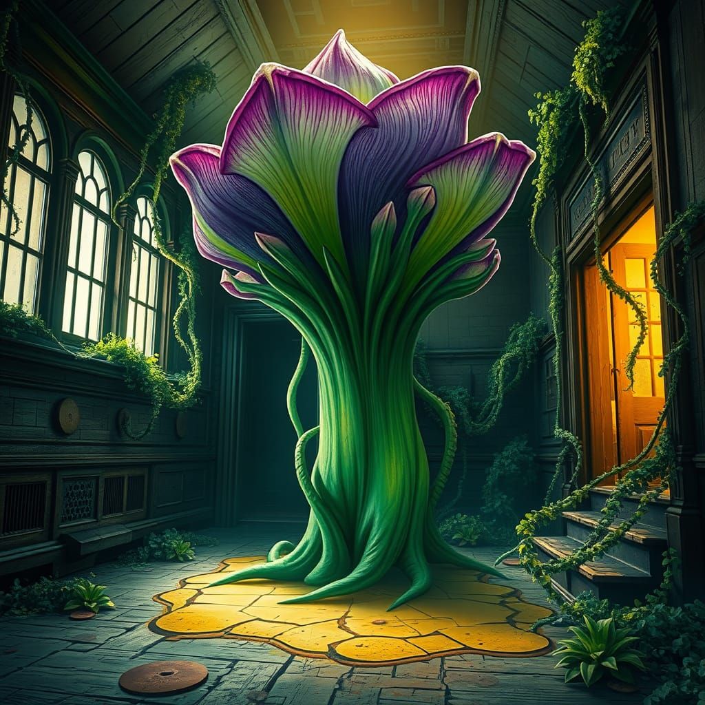 Vibrant Monster Flower Blooms in Haunting Abandoned House