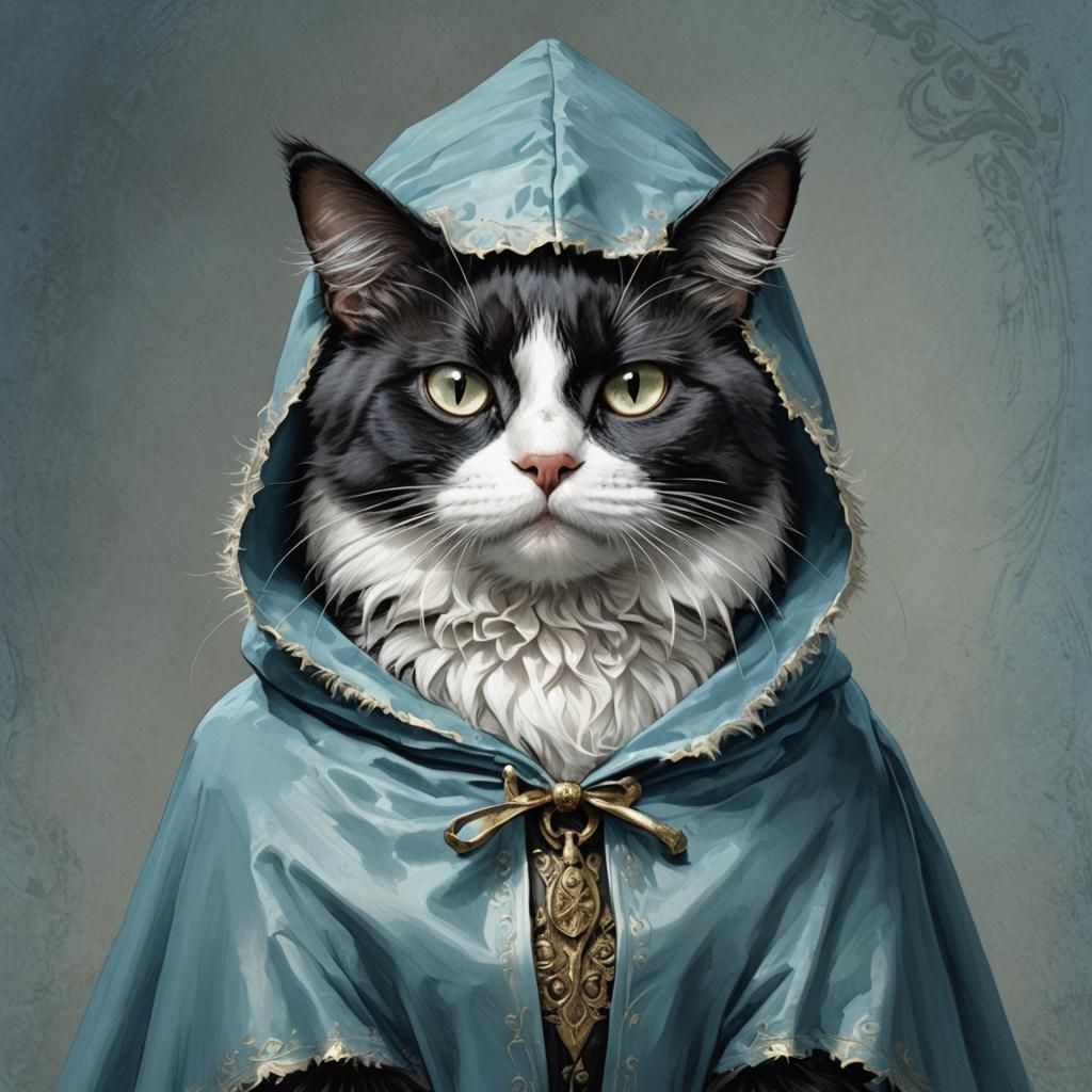 Tuxedo Cat in Blue Cape, Gothic Horror Style