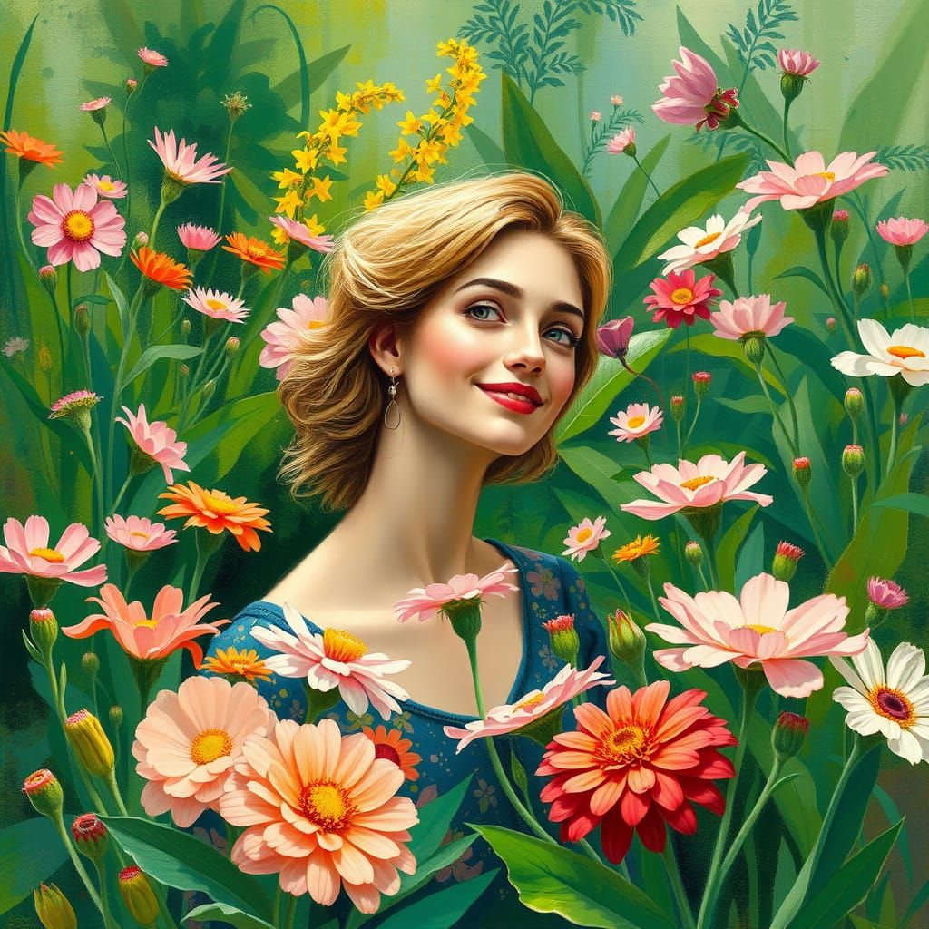 Vibrant Woman in Impressionist Flower Garden