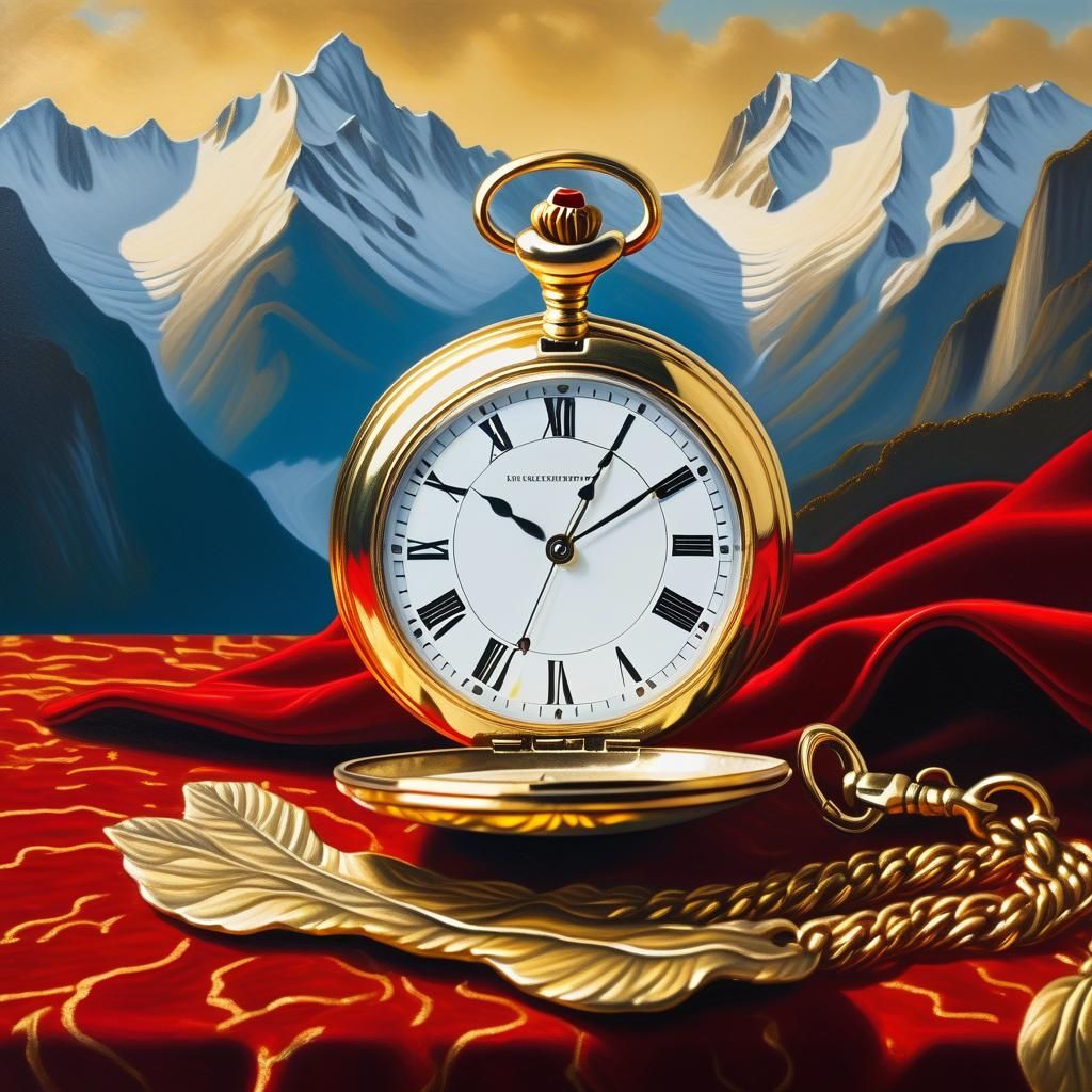Surreal Golden Pocket Watch Landscape, Magritte-Inspired Oil...