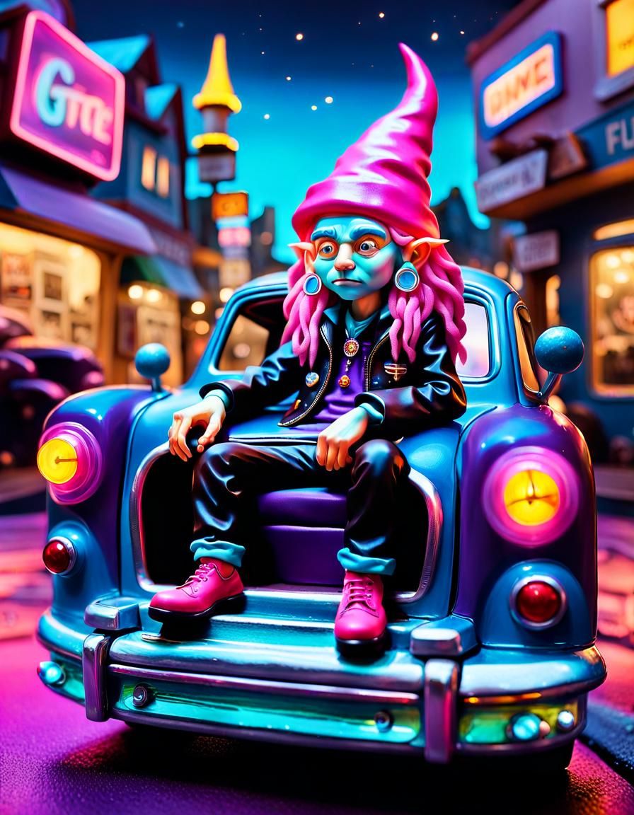 Gnomes Driving Toy Car in Surreal City